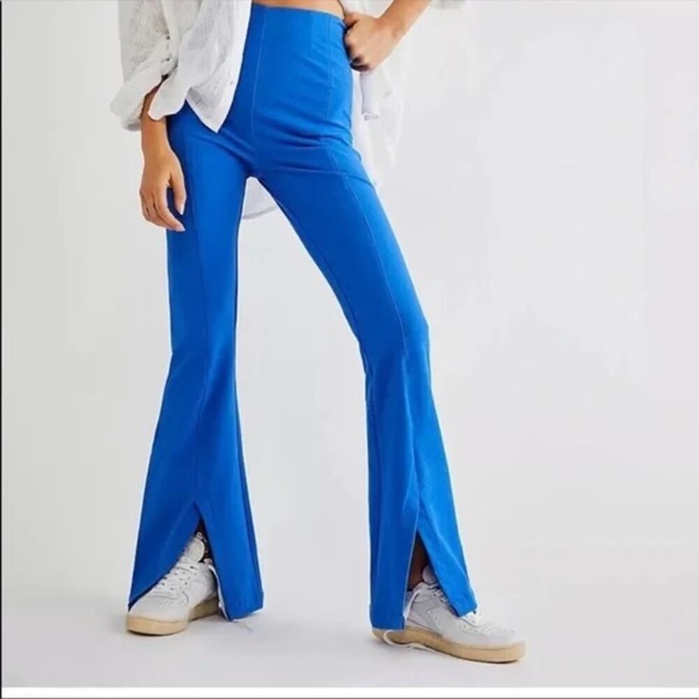 Free People Blue Real Deal Slit Flare High Waist Retro Boho Statement Pants